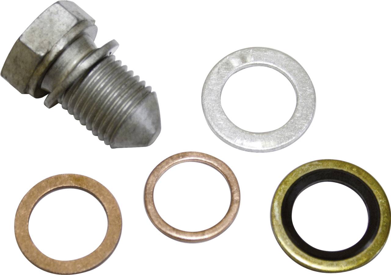 Ein Schraubenstopfen aus Metall mit vier unterschiedlichen Unterlegscheiben, jeweils in anderen Materialien und Farben.