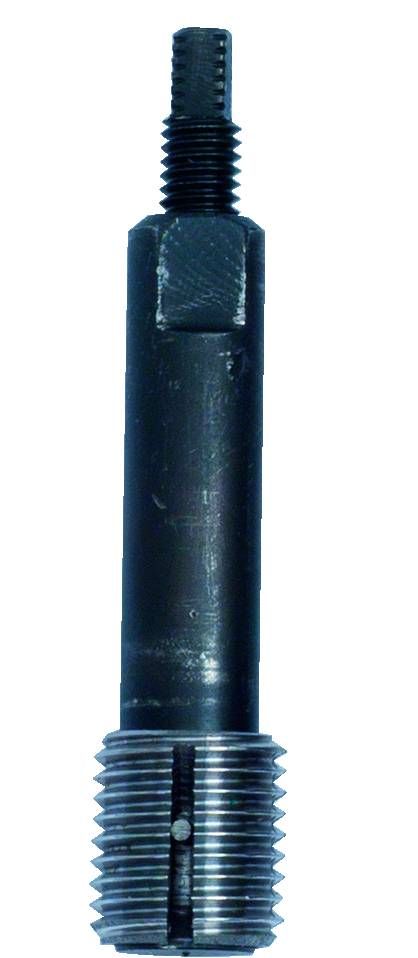 Ein schwarzer Metallstift mit Gewinde an beiden Enden, vermutlich eine Maschinenkomponente, isoliert auf weißem Hintergrund.