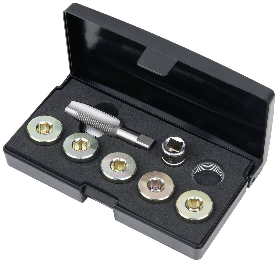'Schneideisen- und Gewindeschneiderset in schwarzer Box, bestehend aus sechs runden Schneideisen und einem Gewindeschneidwerkzeug.'