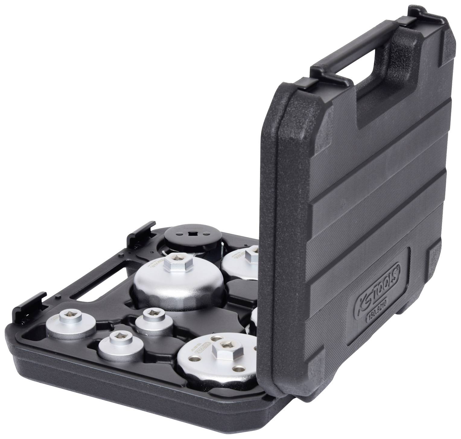 Ein geöffneter schwarzer Werkzeugkoffer, der mehrere runde, metallische Vorsätze und Adapter in verschiedenen Größen enthält.