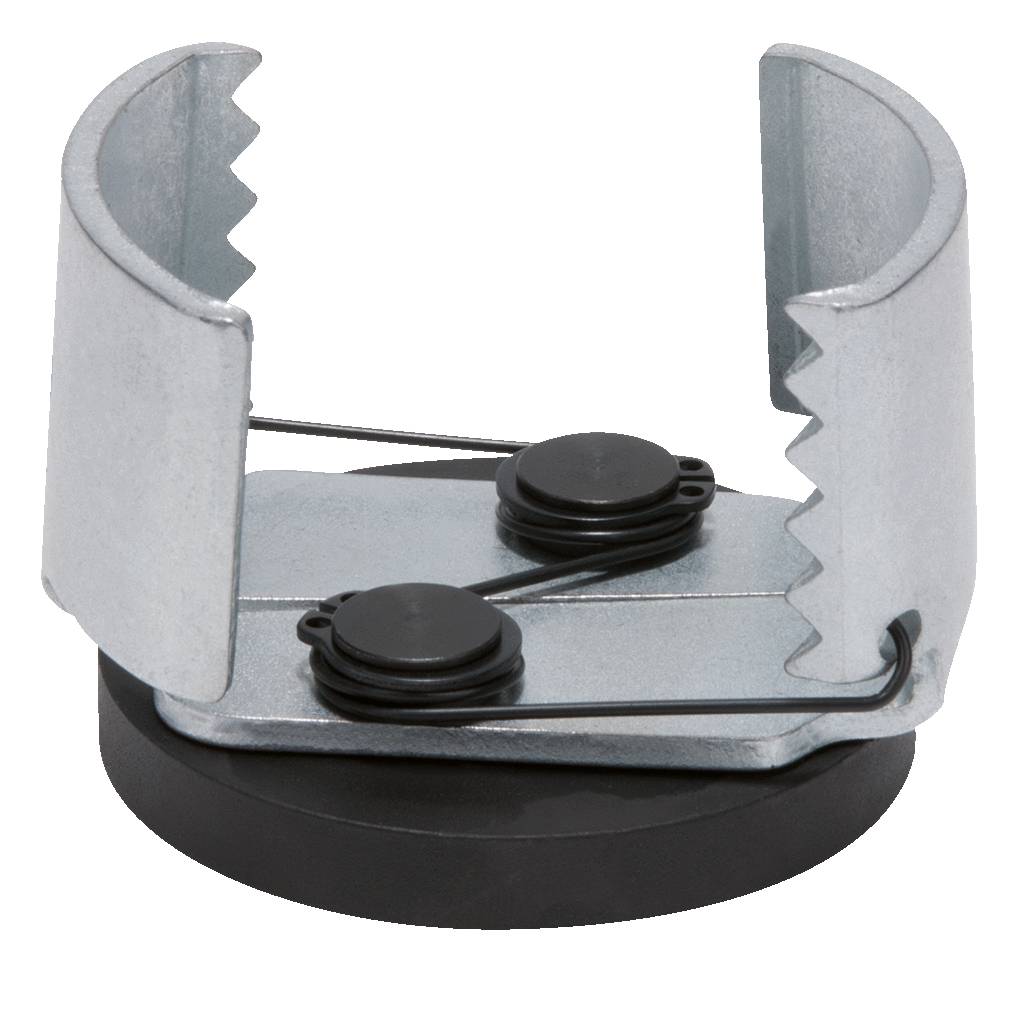 Metallklammer mit gezackten Kanten auf einer schwarzen Basis, eventuell ein Halterungsmechanismus oder Spannvorrichtung.