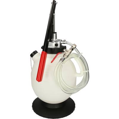 Eine weiße Handpumpe mit rotem Griff und transparentem Schlauch, verwendet für Flüssigkeitstransfer oder Druckluftanwendungen.