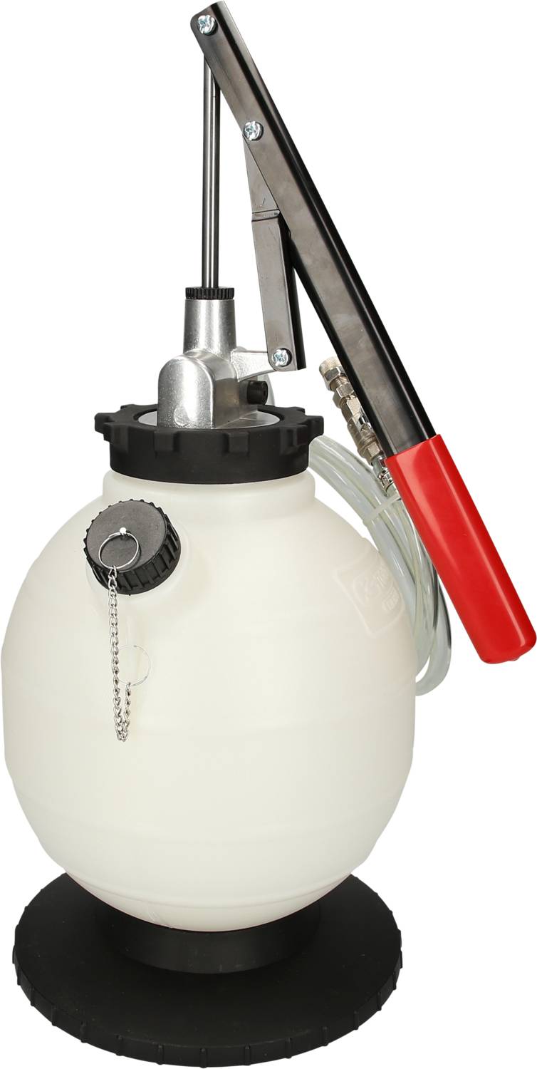 Ein weißer Drucksprühbehälter mit rotem Griff und schwarzer Basis, verwendet zur Anwendung von Flüssigkeiten wie Reinigungsmittel.