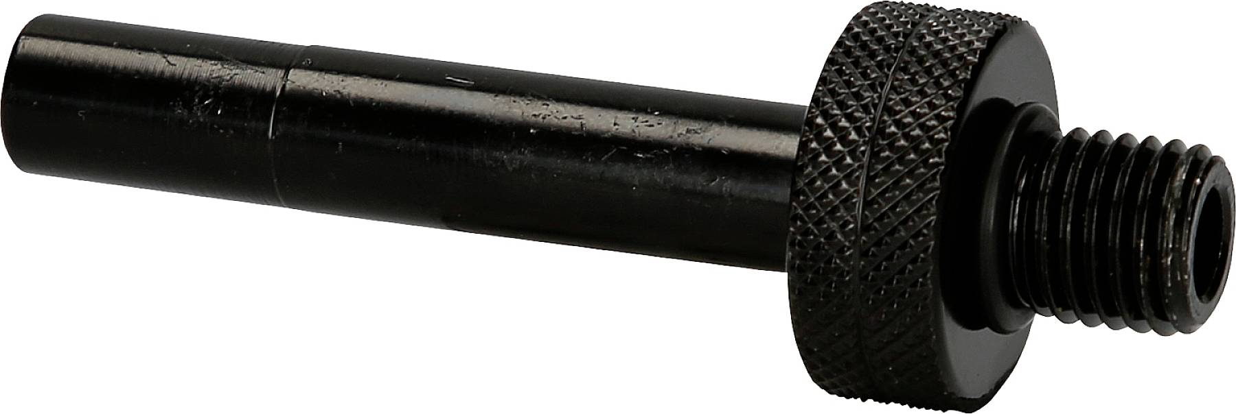 Ein schwarzer Metallbolzen mit Rändelgriff und Gewindeende, verwendet für technische oder mechanische Anwendungen.