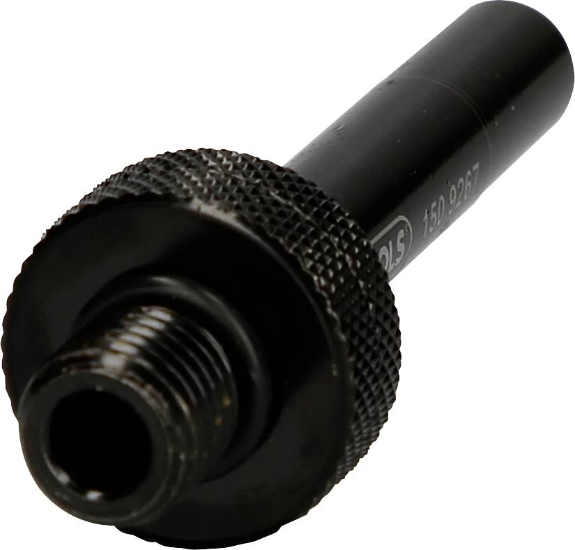 'Schwarze Metallgewindeverlängerung mit geriffeltem Griff, seitlich betrachtet.'