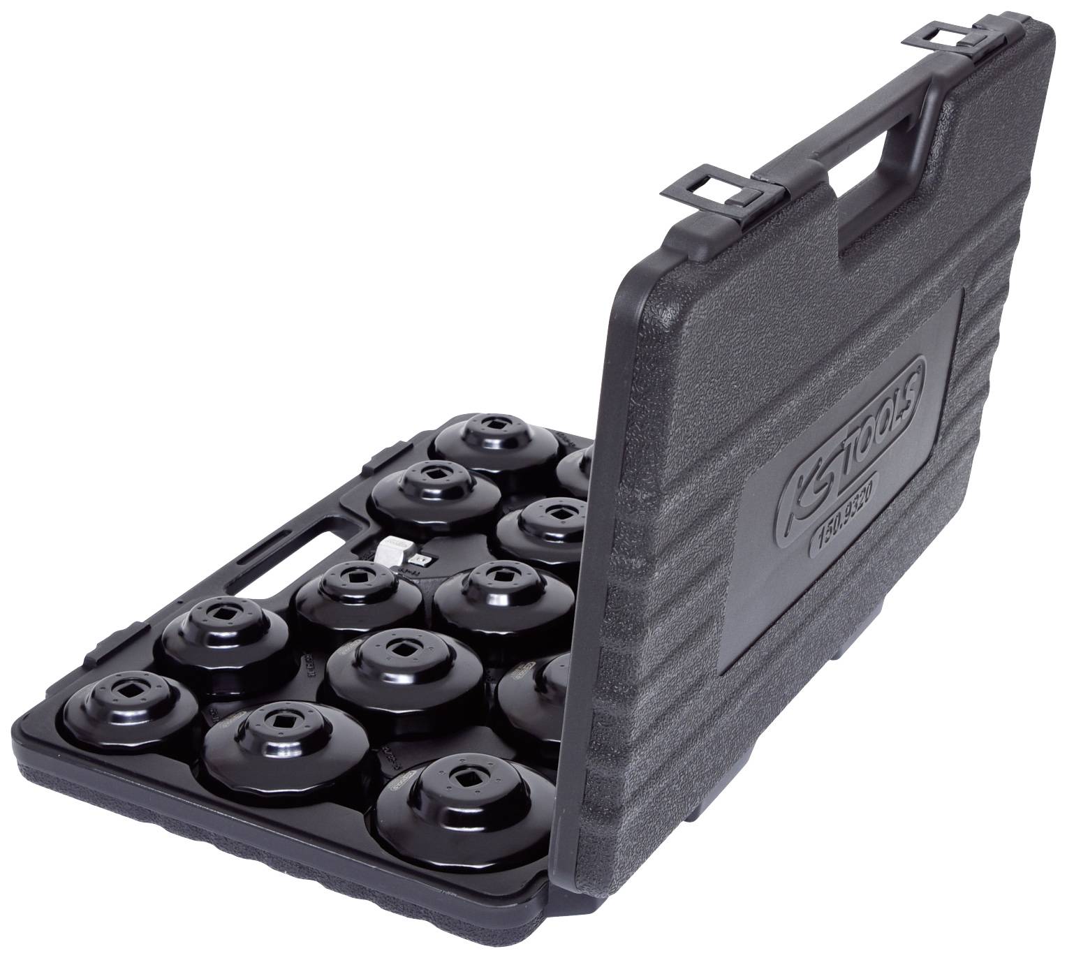 Schwarzer Werkzeugkoffer mit 12 runden Aufsätzen in verschiedenen Größen, geöffnet und mit seitlichem Griff. Ideal für Werkstattzwecke.