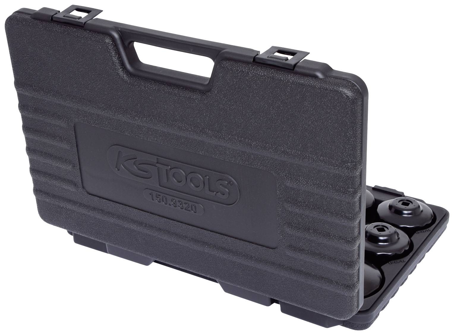 Schwarzer Werkzeugkoffer mit Tragegriff, teilweise geöffnet, zeigt Innenfächer mit Werkzeugen.