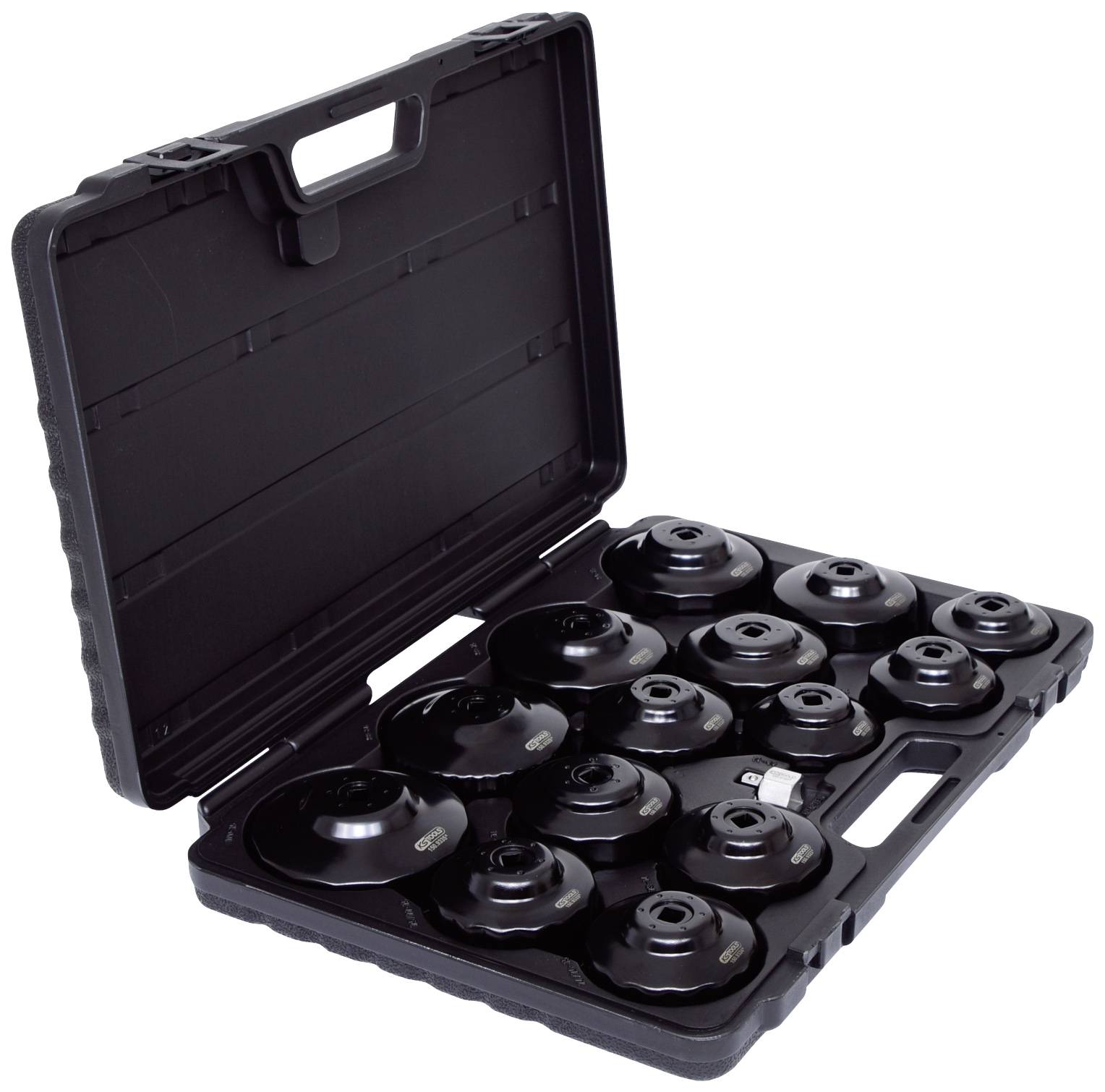 Ein offener schwarzer Werkzeugkoffer mit 14 verschiedenen runden Aufsätzen, die für mechanische Arbeiten verwendet werden.