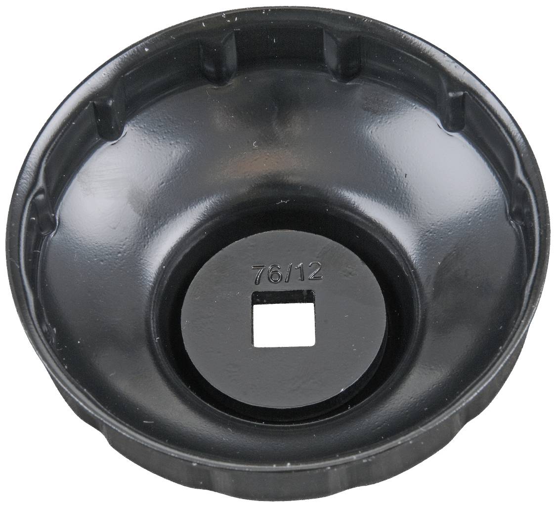Schwarzer Ölfilter-Schlüssel aus Metall, obenansicht, mit quadratischem 76/12 Marker in der Mitte. Werkzeug zur Fahrzeugwartung.