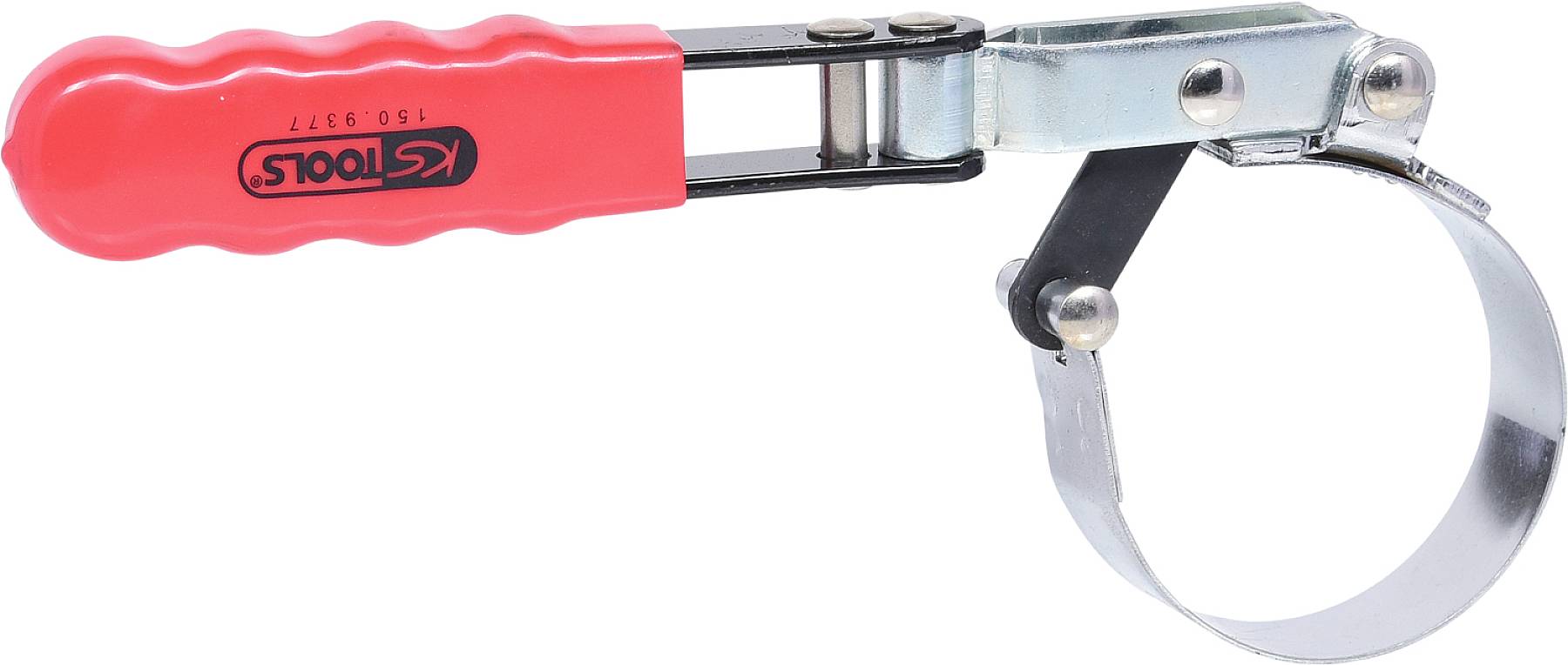 Ölfilter-Schlüssel mit rotem Griff und verstellbarem Metallband zum Entfernen von Ölfiltern. Werkzeug zur Wartung von Fahrzeugen.