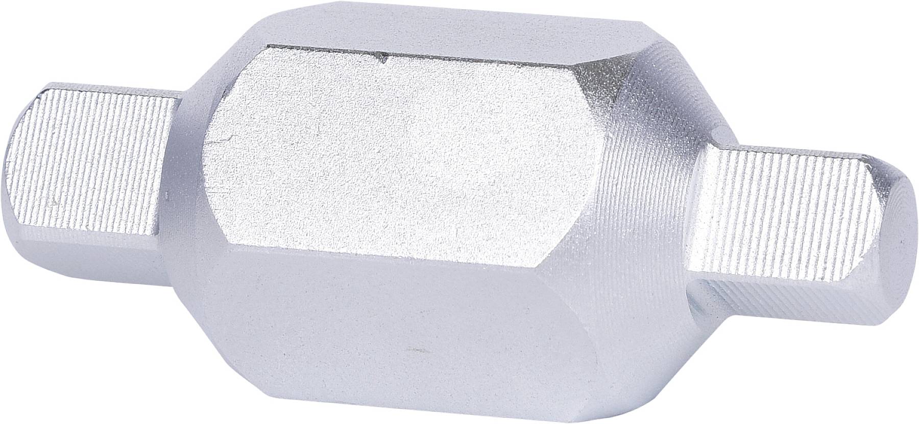 Ein silbernes, sechskantiges Metallwerkzeug mit zwei unterschiedlich großen quadratischen Enden.