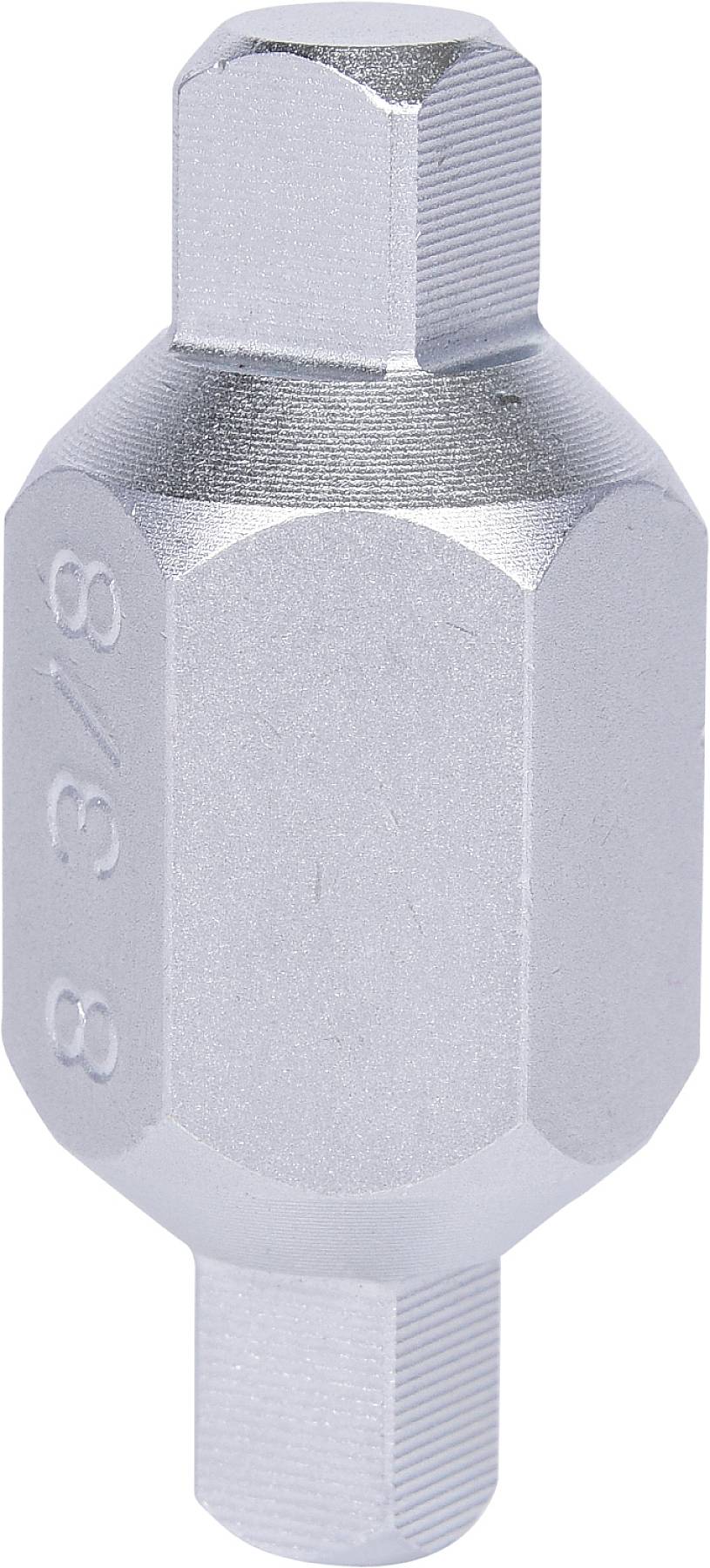 'Silberner Universal-Gewindeadapter mit sechseckiger Form und eingravierter Größe 8,3/8.'