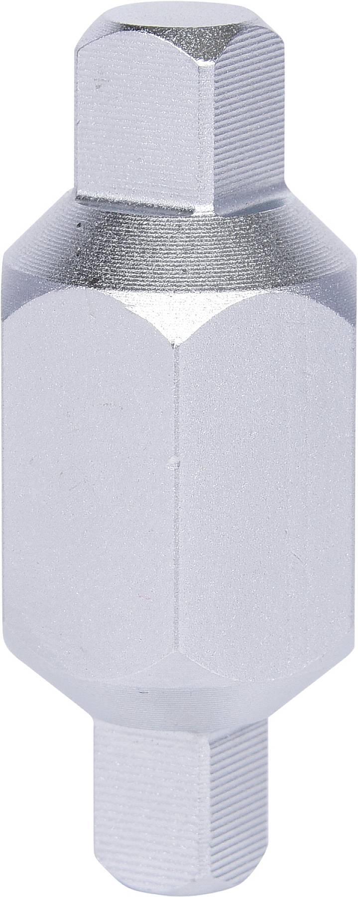 Silberner, sechskantiger Metalladapter mit zwei zylindrischen Enden. Eignet sich als Verbindungsstück für verschiedene Werkzeuge.