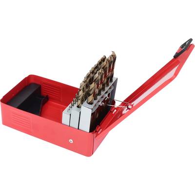 Metallbohrersatz in einer roten Box mit geöffnetem Deckel. Bohrer sind in Reihen angeordnet, angezeigt in steigender Größe von vorne nach hinten.