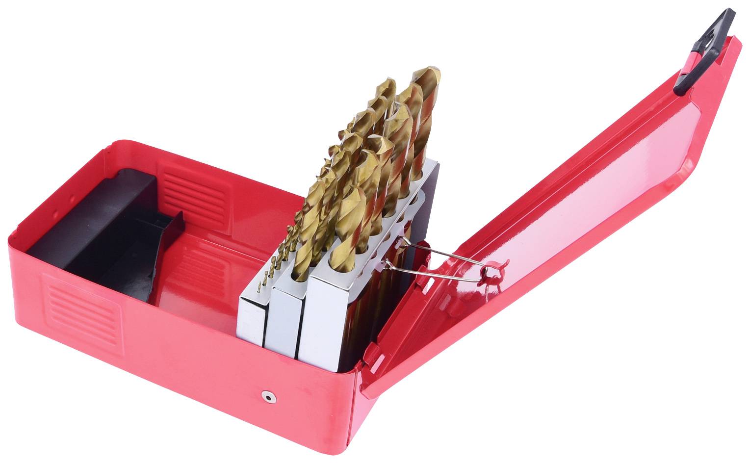 Ein offener roter Metallkasten mit einem Set goldener Bohrer in verschiedenen Größen, die in einer Halterung befestigt sind.