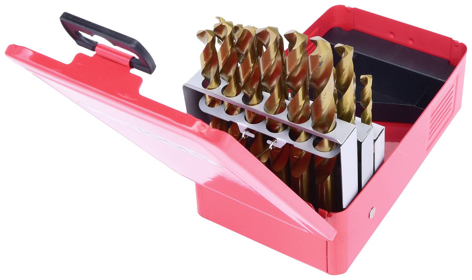 Ein rotes Etui mit geöffnetem Deckel enthält eine Reihe von Bohrern. Die Bohrer sind nach Größe geordnet und goldfarben.