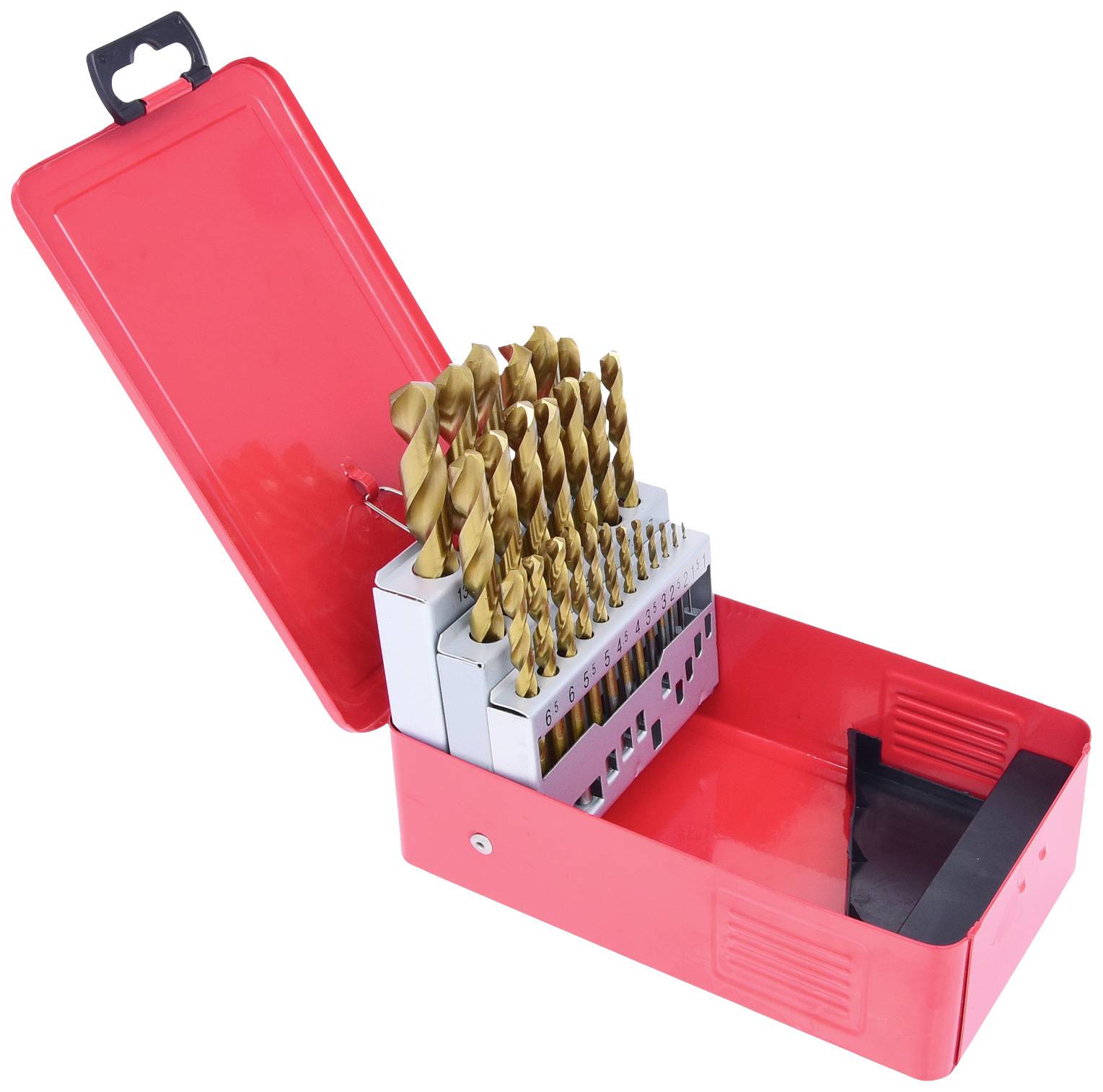 Roter Metallkoffer mit Bohrer-Set in verschiedenen Größen, organisiert in Halterungen.