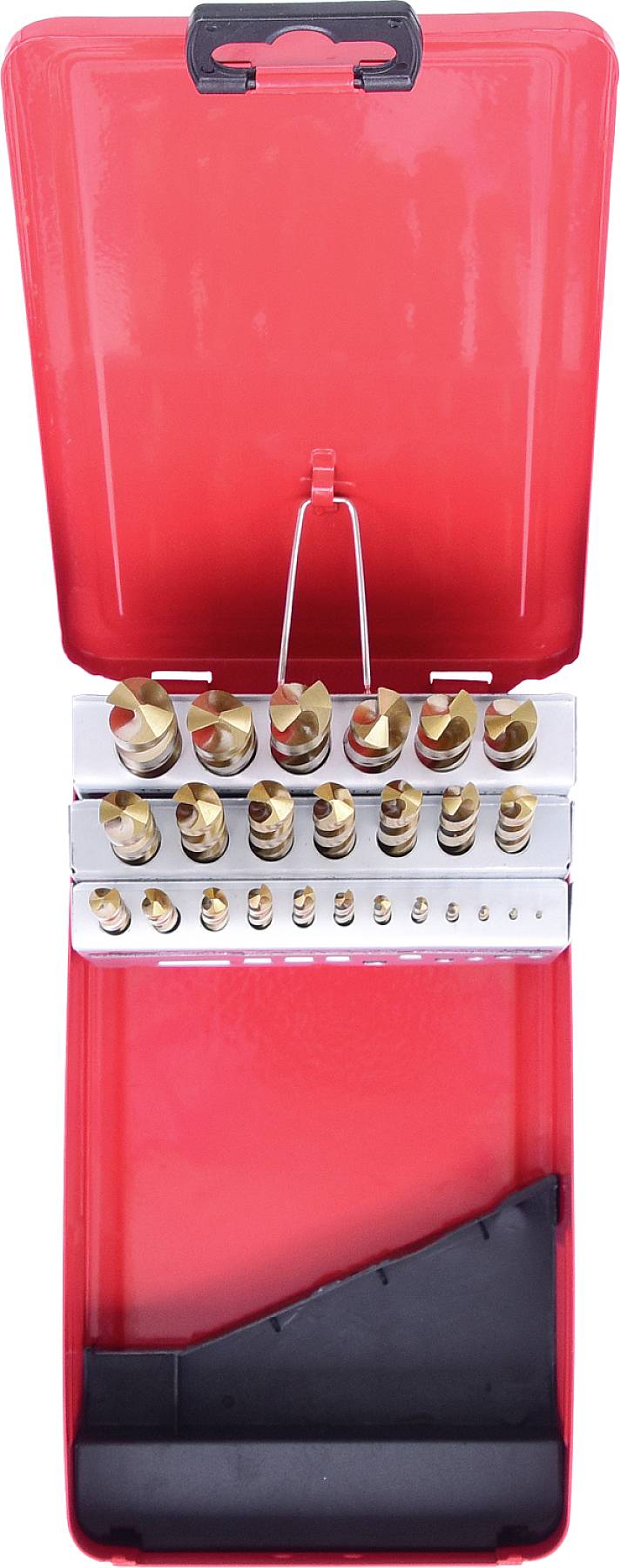 Ein rotes Etui mit mehreren Bohrergrößen in drei Reihen. Der Deckel ist geöffnet, die Bohrer sind goldfarben und stehen aufrecht.