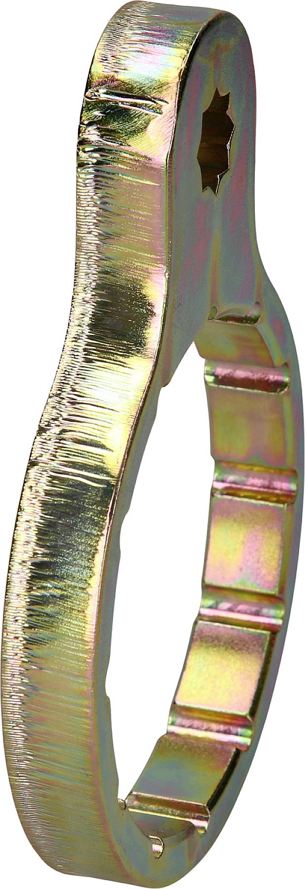 Metallschlüssel mit einem ausgeprägten, glänzend bunten Finish. Das Werkzeug hat gezackte Ränder und wirkt industriell.