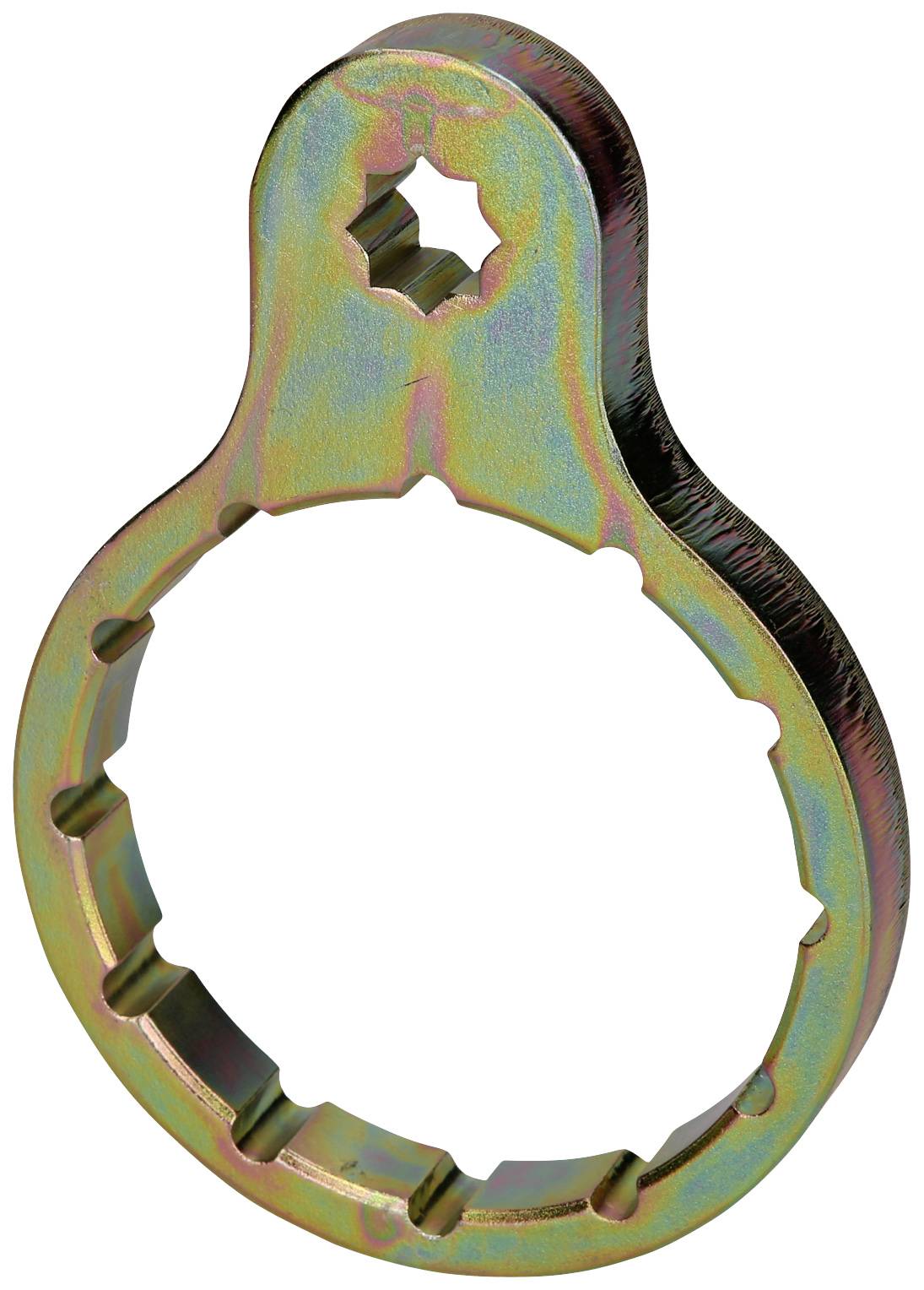 Ein metallischer Ringschlüssel mit einem sternförmigen Loch am Griffende, geeignet zum Festziehen oder Lösen von Schraubverbindungen.