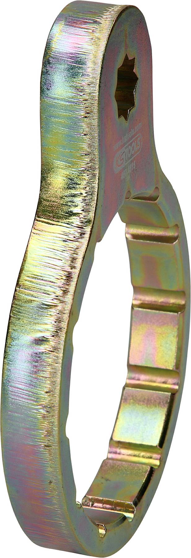 Ein schillernder Metallschlüssel mit gezahnten Rändern und zentraler Öffnung. Verwendet zum Anziehen von speziellen Muttern.