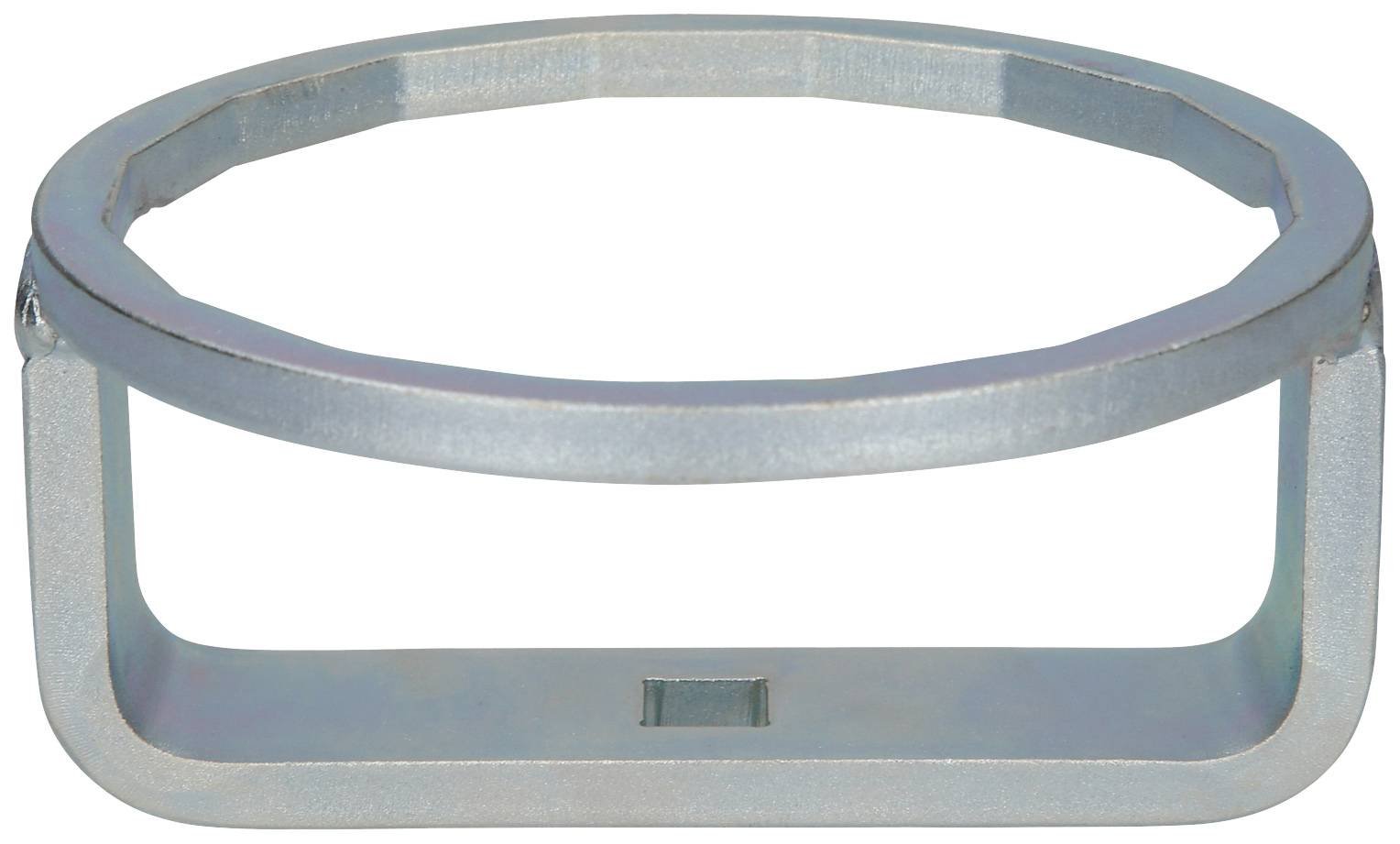 Ovaler Metallring mit rechteckiger Basis, vermutlich ein Bauteil oder Befestigungselement, auf weißem Hintergrund.