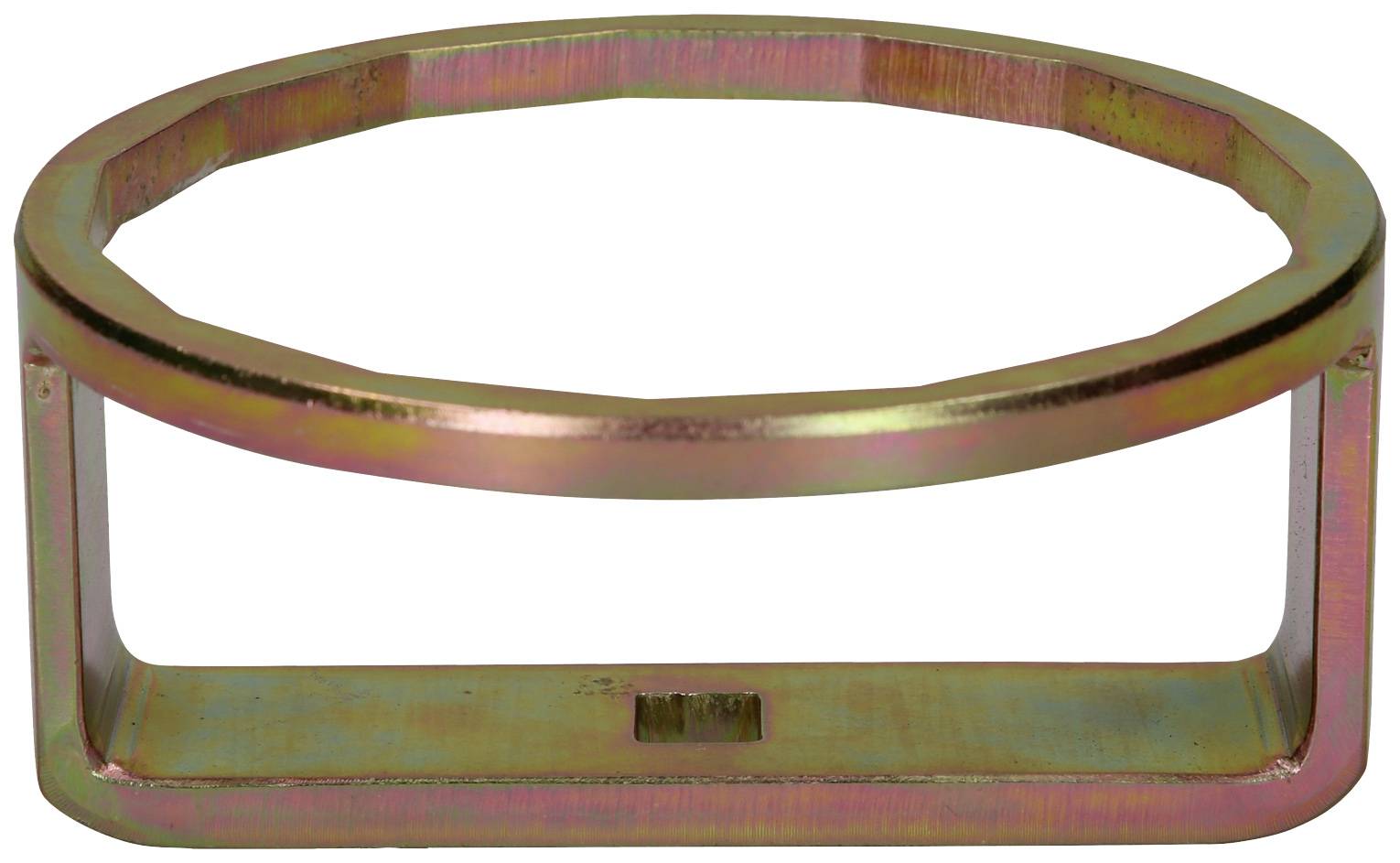 Metallring mit achteckiger Form, verzinkt. Dient als Fassung oder Halterung. Rechteckiger Unterbau mit zentralem Schlitz.