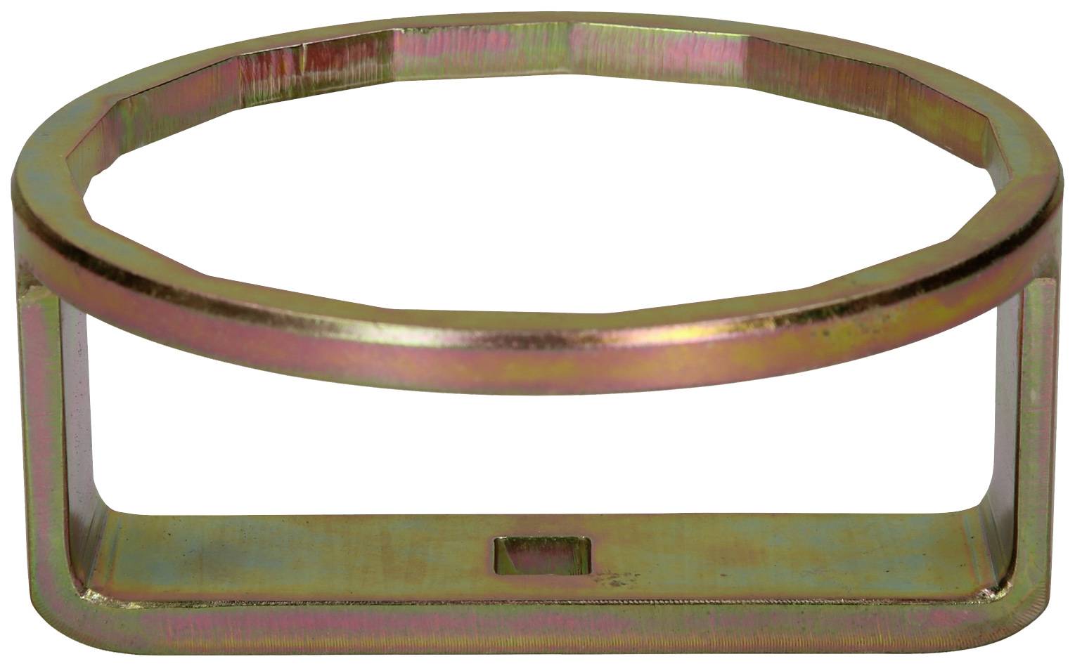 Metallstück in sechseckiger Form, potenziell ein Teil eines Maschinen- oder Fahrzeugmechanismus, auf weißem Hintergrund.