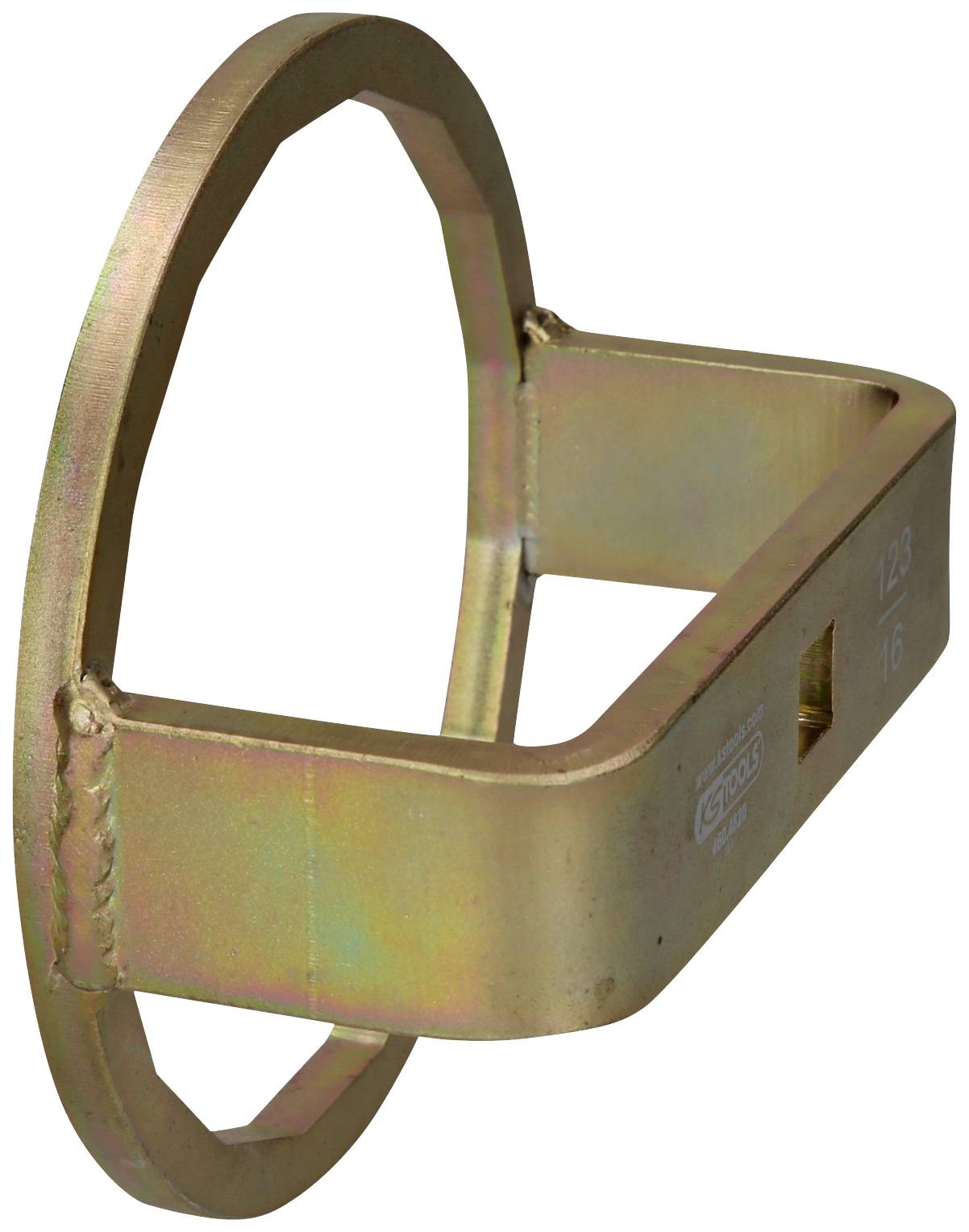 Ein goldfarbenes, sechseckiges Werkzeug mit Griff, verwendet zur Bedienung von speziellen Muttern oder Schrauben in mechanischen Anwendungen.