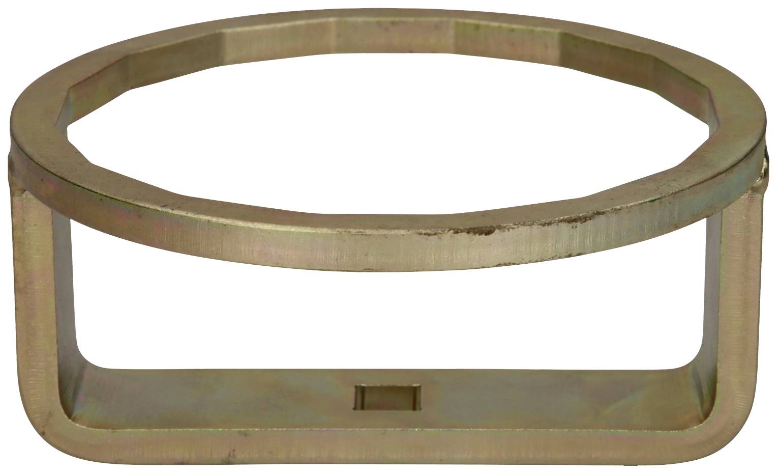 Metallring mit rechteckiger Basis und offenem Design; möglicherweise ein Bauteil oder eine Halterung.