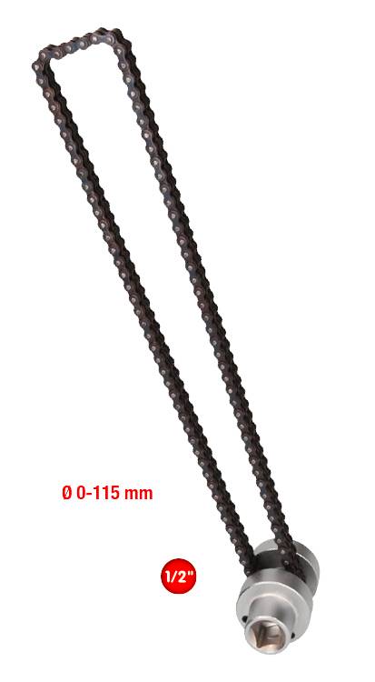 Kettenrohrschneider mit schwarzer Kette, geeignet für Rohrdurchmesser von 0 bis 115 mm und einer Größe von 1/2 Zoll.
