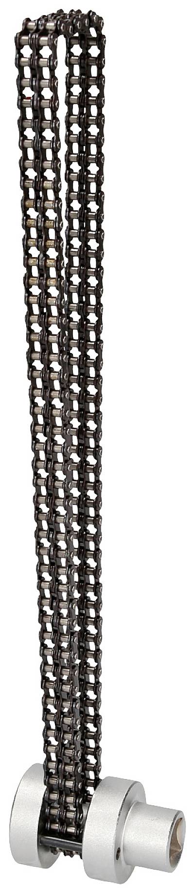 Eine lange, vertikale Metallkette mit runden Gliedern ist an einem zylinderförmigen Metallstück befestigt.