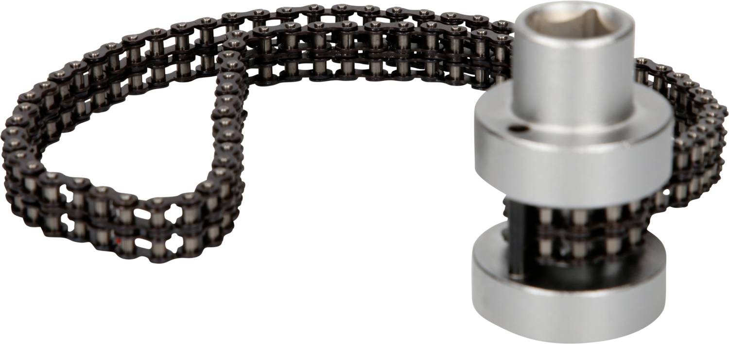 Metallkette kombiniert mit einem speziellen Metallbauteil, das für technische Anwendungen oder Maschinen verwendet werden könnte.