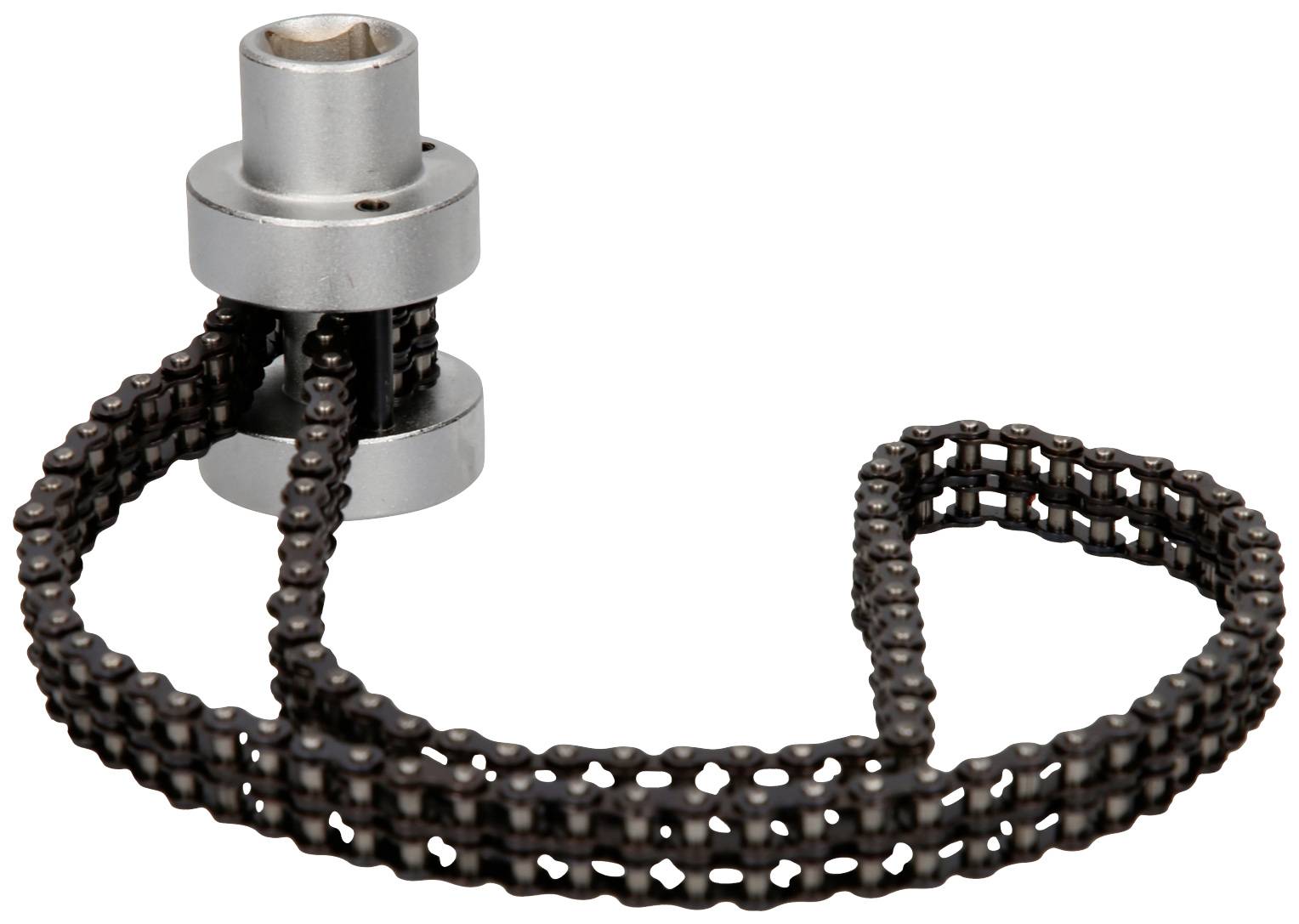 Eine Metallkette ist um ein zylindrisches Metallteil gewickelt, das wie eine Maschineneinheit aussieht.