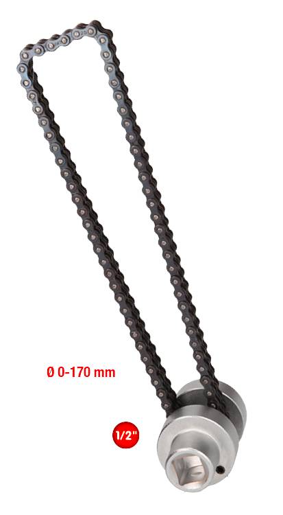 Ein Kettenwerkzeug mit verstellbarer Kette (0-170 mm) und 1/2 Zoll Anschluss, zur Befestigung oder Demontage von zylindrischen Objekten.