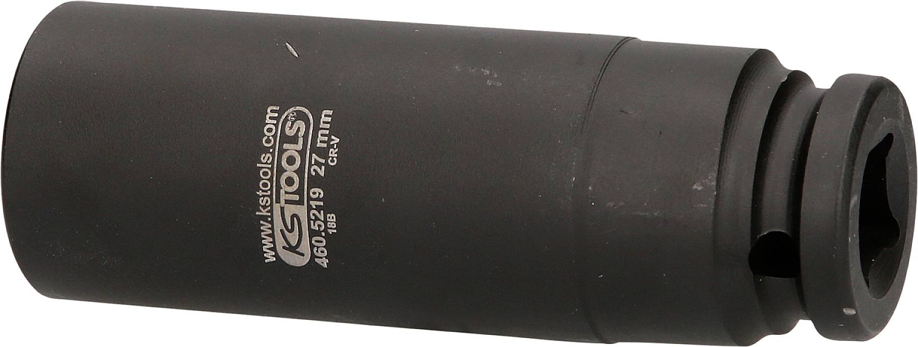 Schwarze Stecknuss mit Aufschrift 'KS Tools'. Zylinderförmig, aus Metall, mit Sechskantöffnung an einem Ende. Verwendet für Schrauben.
