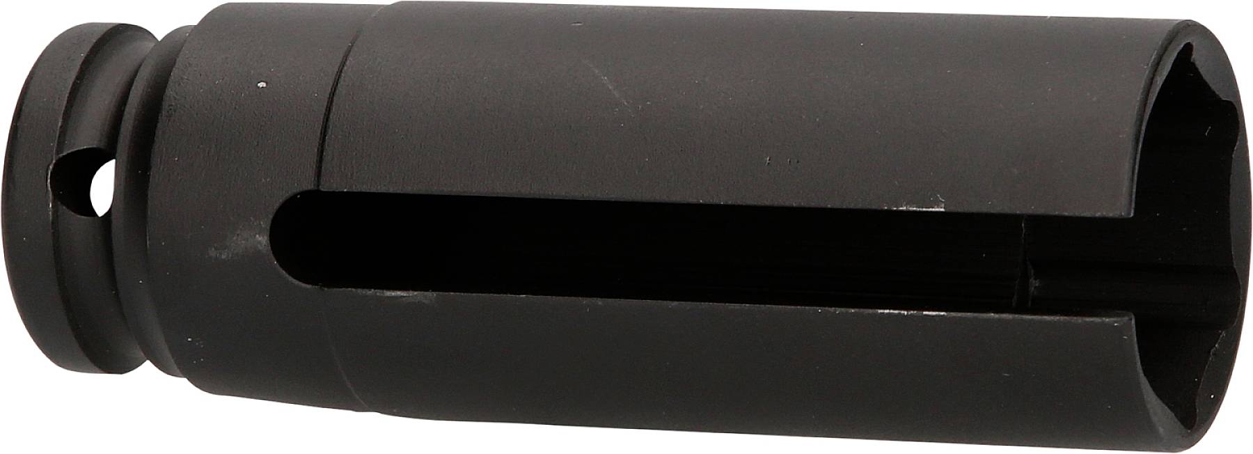 Schwarze, zylindrische Metallkomponente mit länglichem Schlitz, möglicherweise Teil eines mechanischen oder technischen Geräts.