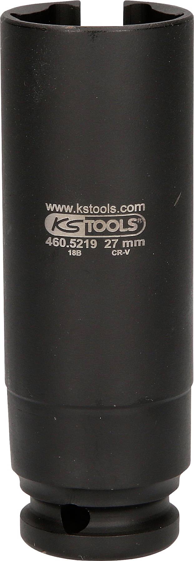 Eine schwarze Stecknuss von KS Tools aus Chrom-Vanadium-Stahl, 27 mm Größe, mit eingeprägter Produktnummer und Website-URL.