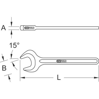 'Abbildung eines Schraubenschlüssels mit Maulöffnung. Schaft mit KS Tools Logo. Maße A, B und L sowie ein Winkel von 15° sind markiert.'