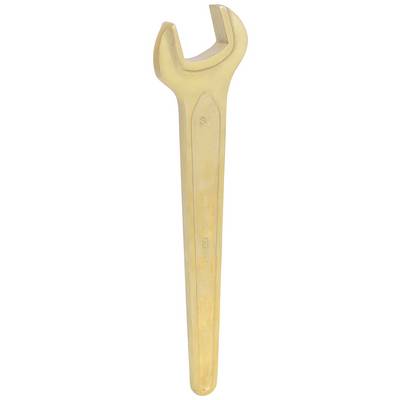 Ein goldener Schraubenschlüssel mit einem offenen Ende, verwendet zum Festziehen oder Lösen von Muttern und Schrauben.