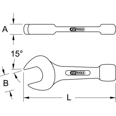 Technische Zeichnung eines KS Tools Schraubenschlüssels. Zeigt Profile und Winkel: 15° Winkel. Markiert mit Buchstaben A, B, L.