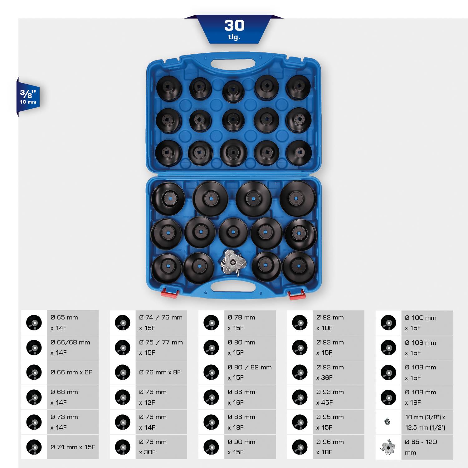 Ein 30-teiliges Set von Ölfilterschlüsseln in einem blauen Koffer. Verschiedene Größen sind im Koffer und in der Tabelle unten dargestellt.