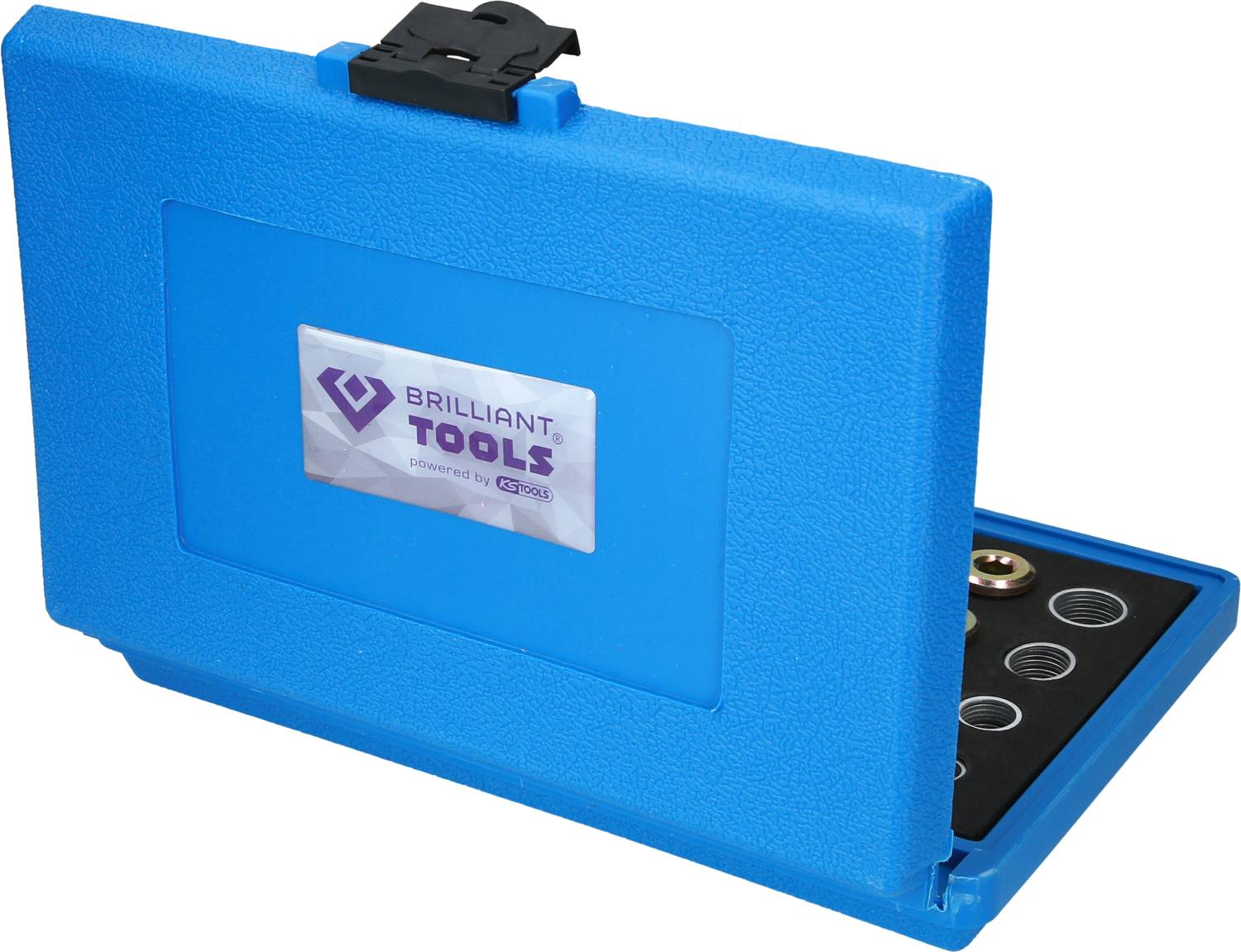 Blaue Werkzeugkiste mit Unternehmenslogo 'Brilliant Tools'. Innen befinden sich mehrere Ringe unterschiedlicher Größe auf einem Tablett.