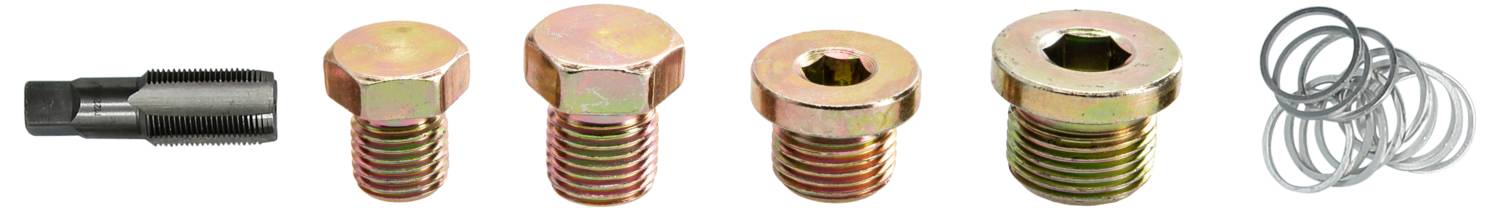 'Satz von Schrauben, einem Werkzeug zum Gewindeschneiden und Massivringen auf weißem Hintergrund dargestellt.'