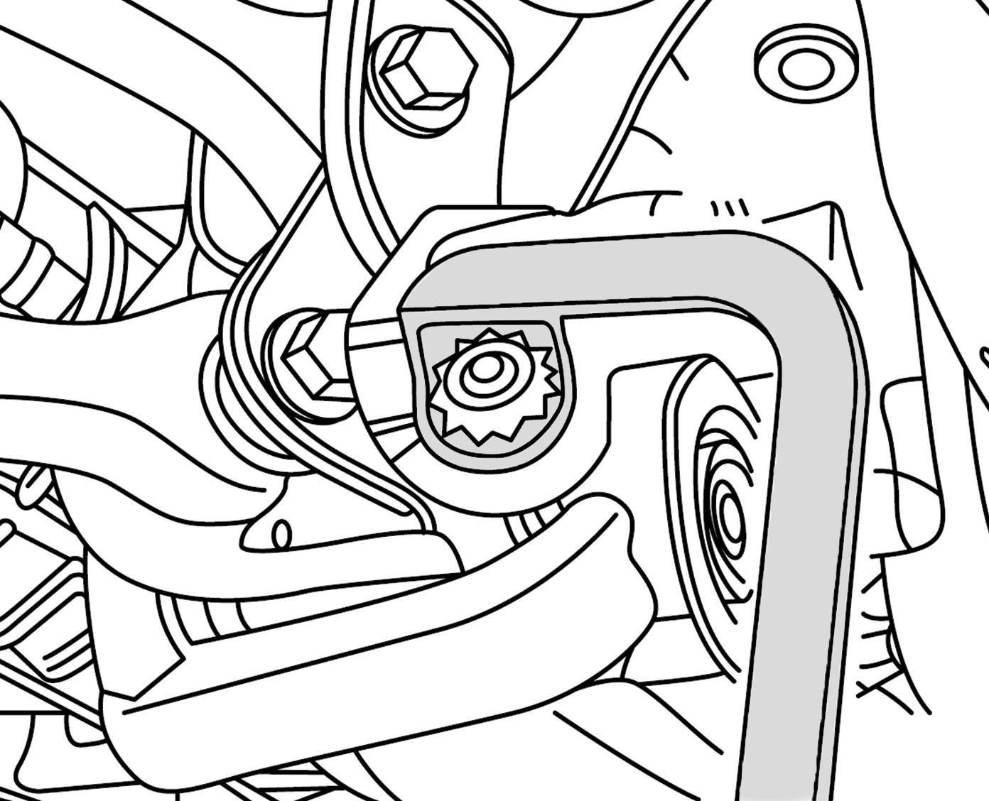 Mechanischer Teil eines Fahrzeugs mit Schrauben und Hebeln, detaillierte Ansicht eines Montagepunkts.