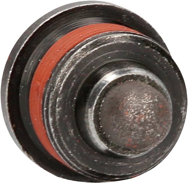Metallteil mit rotem Gummiring, rund und abgenutzt. Möglicherweise ein Bestandteil einer größeren Maschine oder Mechanismus.