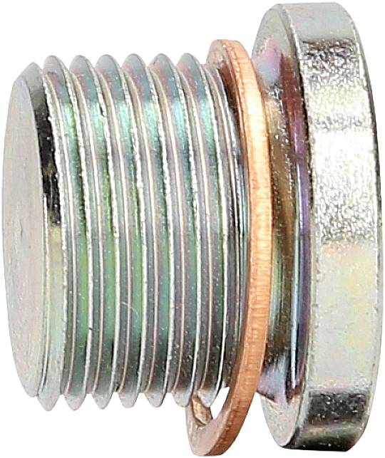 Metallischer Schraubverschluss mit Dichtungsring. Gezeigt im Profil, Detail von Industriebauteil zur Abdichtung oder Verbindung.