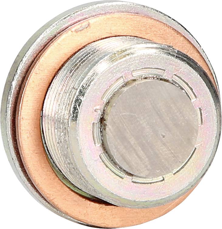 Metallschraube mit flachem Kopf und runder Unterlegscheibe. Die Materialien scheinen aus Stahl und Kupfer zu bestehen.