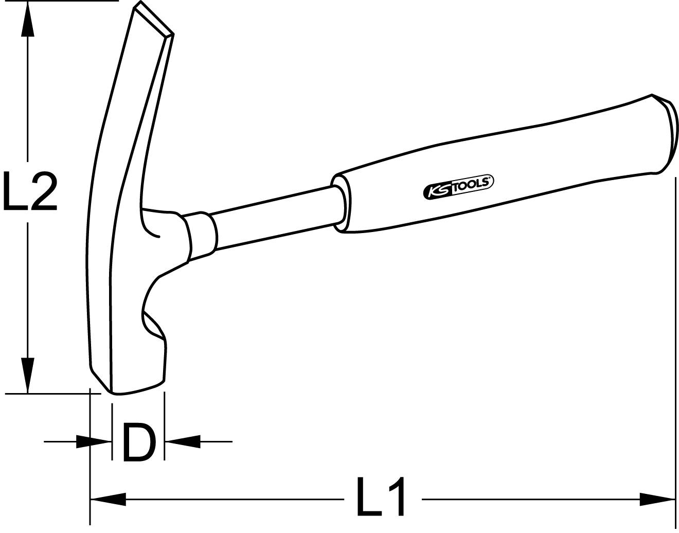 'Skizze eines Hammers mit gebogenem Kopf, markiert mit Maßen L1, L2 und D. Der Griff ist mit dem Logo von KS Tools versehen.'