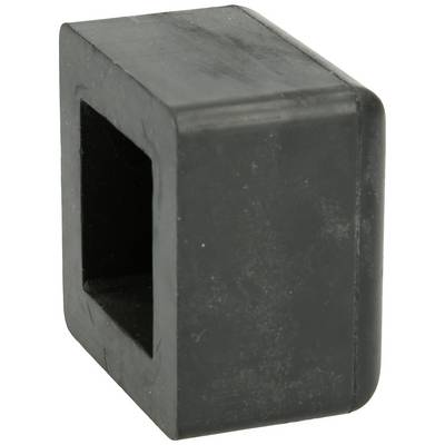 Schwarzer Gummiabschluss, rechteckige Form mit quadratischer Öffnung, dient als Schutzkappe für Metallstangen oder -rohre.
